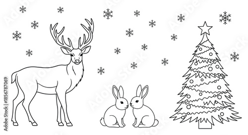 Winter scene coloring page featuring a majestic deer, two cute rabbits, and a decorated christmas tree under falling snowflakes in the woods.