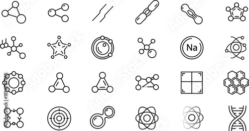 Black Outline Vector Icon Set of Chemistry Molecular Structures Atoms DNA Helix Science Laboratory Symbols and Chemical Bond Education Graphic Elements