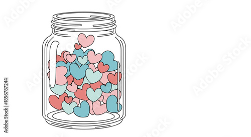 Clear glass jar filled with various colorful hearts in shades of pink, blue, and red, a symbol of love, care, and collected memories.