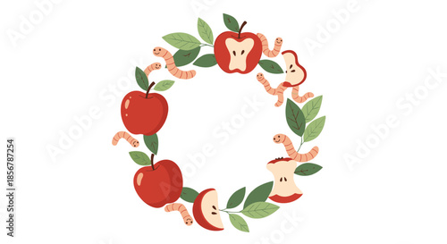 Circular wreath frame made of red apples, green leaves, and friendly earthworms, a fun design for school or healthy eating themes.