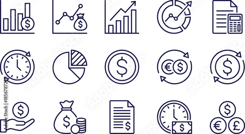 Set of Financial Data Line Icons Including Bar Graphs, Pie Charts, Growth Statistics, Currency Exchange, Money Bags, Calculator, Time Management, and Investments