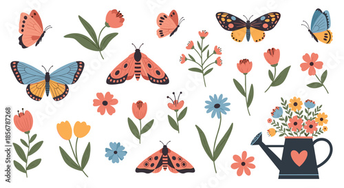 Large collection of colorful butterflies, moths, flowers, and a watering can, providing a variety of elements for spring and garden designs.