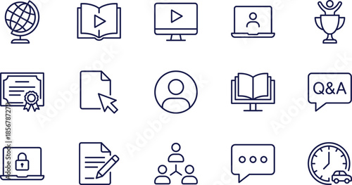 Set of Online Education Line Icons Including Globe Video Lessons Laptop Certificate Document User Book Questions Security Teamwork and Time Management