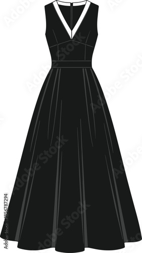 Elegant Black Evening Gown Vector Illustration Featuring a Deep V-Neckline, Sleeveless Bodice, Cinched Waistband, and a Full Length A-Line Pleated Skirt.