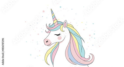 Beautiful white unicorn head with a pastel-colored mane and a golden horn surrounded by colorful stars for magical and whimsical designs.