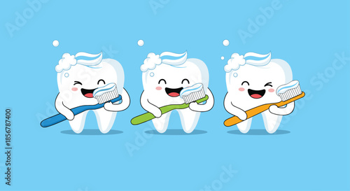 Trio of happy cartoon teeth brushing with colorful toothbrushes and toothpaste, a playful way to encourage children to maintain oral health.