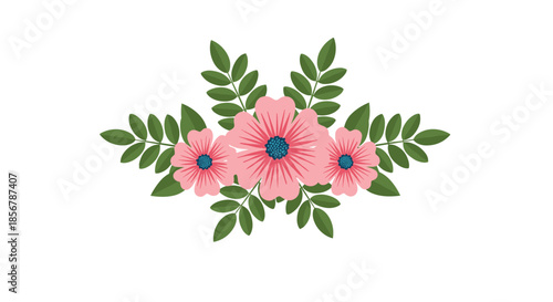 Elegant arrangement of three pink flowers surrounded by green leaves, creating a symmetrical and balanced botanical design element.