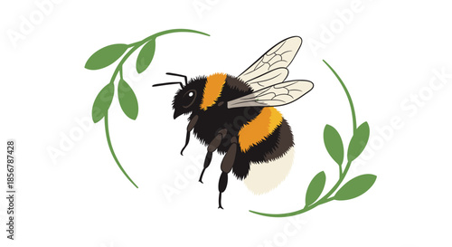 Detailed bumblebee flying between two green leafy branches, a clean and natural design for environmental and nature-focused illustrations.