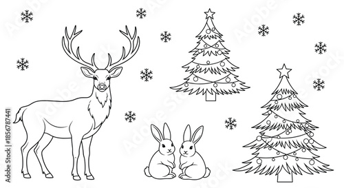 Coloring page featuring a majestic stag with large antlers standing near two cute bunnies and decorated Christmas trees in winter.