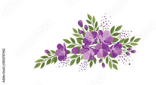 Beautiful bouquet of purple flowers and green leaves arranged in a horizontal composition on a clean white background for greeting cards.