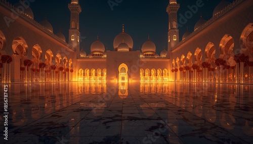 Illuminated grand mosque courtyard reflects warm golden light upon polished marble floor during deep twilight hours