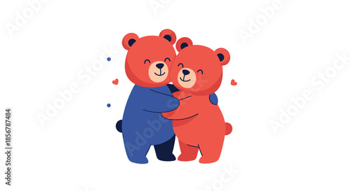 Adorable illustration of two teddy bears hugging each other with a blue and red color palette and small floating hearts for love.