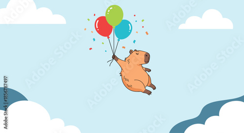 Whimsical illustration of a cute capybara floating through a bright blue sky while holding a bunch of colorful party balloons.