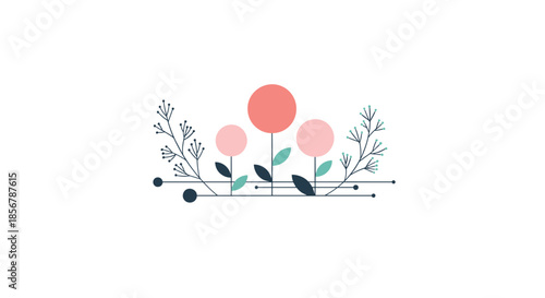 Abstract minimalist floral illustration featuring simple circle shaped flowers in pink and coral tones with delicate line work.