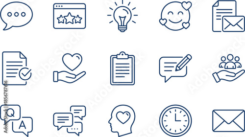 Business Communication Icon Set Featuring Chat Bubbles, Customer Feedback, Idea Lightbulb, Email Marketing, Team Support, Data Reports, and Time Management Symbols