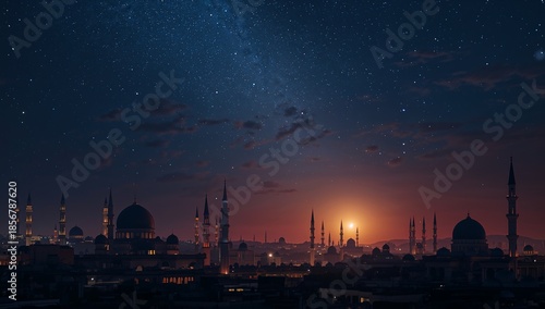 Panoramic silhouette of a historic Middle Eastern city skyline featuring illuminated mosques under a dramatic twilight sky filled with stars