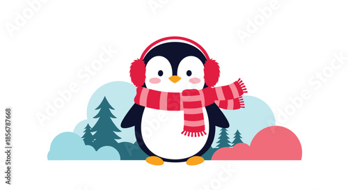 Cute little penguin wearing a warm red scarf and matching earmuffs standing in a snowy winter landscape with pine tree silhouettes.