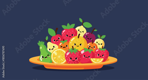 Playful illustration of various fruits with adorable faces sitting on a plate against a dark blue background in a cartoon style.