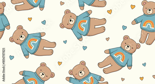 Cute seamless pattern of brown teddy bears wearing blue sweaters with rainbows and small hearts on a light cream background.