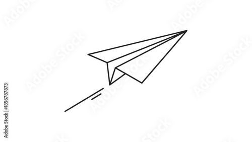 Minimalist Outline Drawing of a Paper Airplane Flying on Isolated White Background