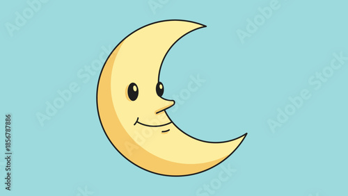 Cute Yellow Crescent Moon Character with Happy Face on Light Blue Background