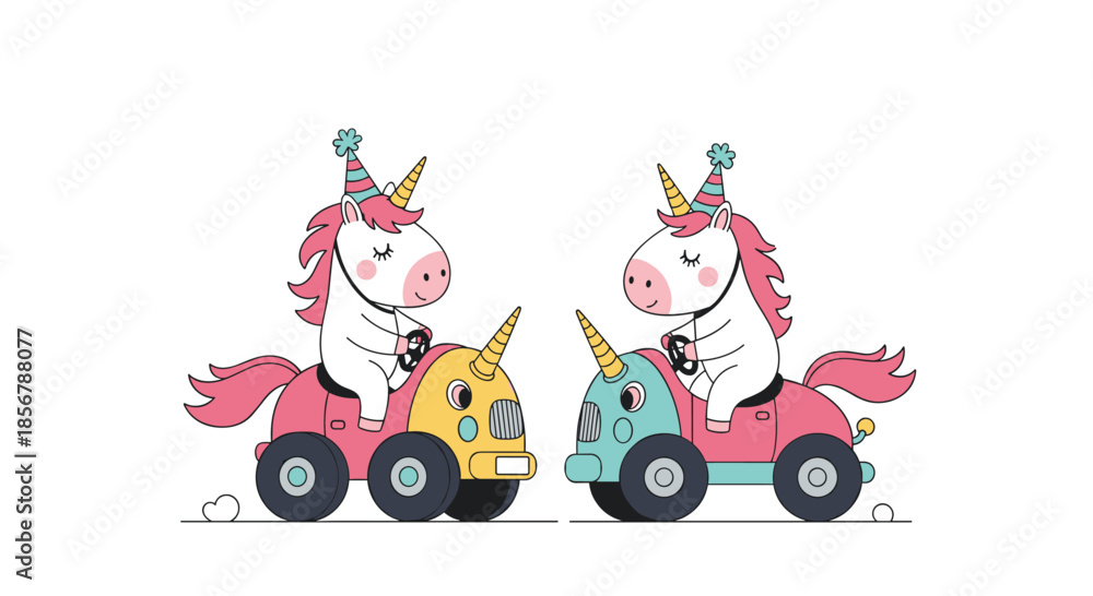 Fototapeta premium Magical unicorns wearing party hats and driving colorful small cars toward each other in a fun and celebratory cartoon illustration.