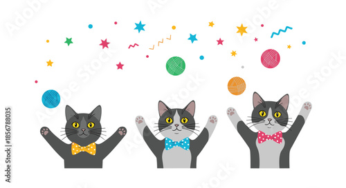 Three playful grey and white cats wearing colorful bowties reaching up towards yarn balls and confetti in a fun celebration.