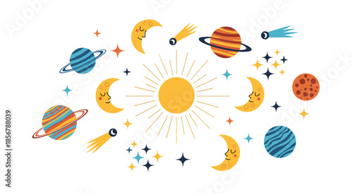 Colorful solar system illustration featuring the sun surrounded by various planets moons comets and sparkling stars on white.