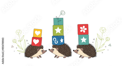 Adorable hedgehogs balancing colorful toy blocks with various shapes and symbols on their heads in a charming woodland illustration.