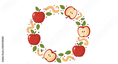 Circular wreath composed of red apples whole and sliced green leaves and cute little worms in a charming autumnal design.