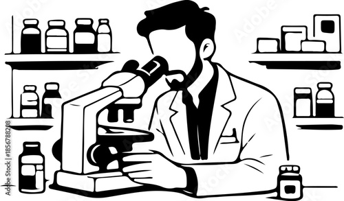 Outline Illustration of Bearded Lab Technician Peering into Microscope
