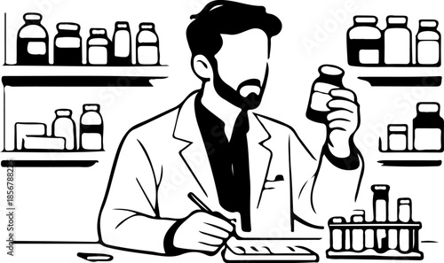 Vector Line Drawing of Bearded Chemist Noting Vial Inspection Results