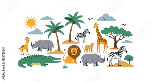 Diverse collection of african savanna animals including lions giraffes rhinos zebras and crocodiles gathered under palm trees in the sun.