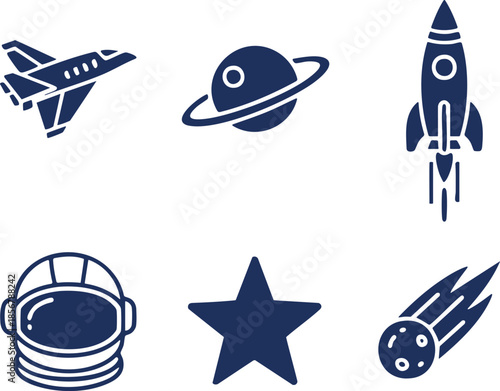 space shuttle, planet, rocket, astronaut helmet, star, comet.eps