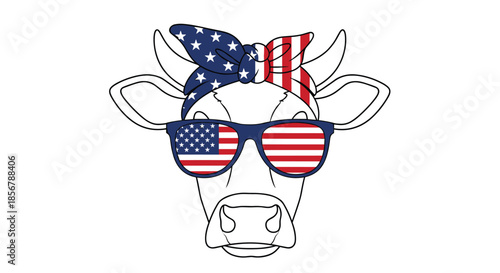 Line art illustration of a cow head wearing a stylish bandana and sunglasses both featuring the stars and stripes of the american flag.