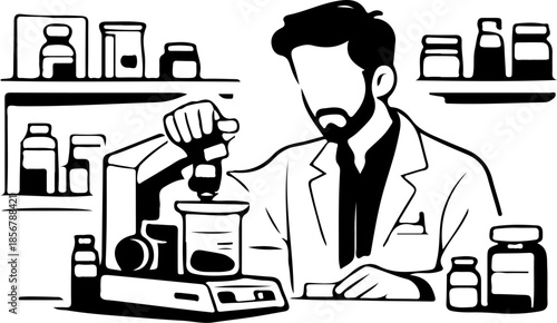 Minimalist Outline of Bearded Chemist Pipetting Solution to Beaker Scale