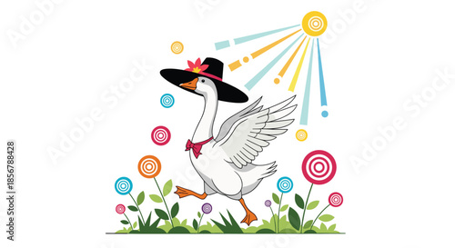 Elegant white goose wearing a black hat with a flower and a red bowtie walking through a field of stylized colorful flowers.