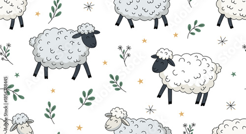 Seamless pattern featuring cute fluffy white sheep with black faces walking among green leaves and small gold stars on a white background.