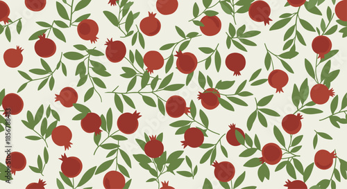 Vibrant seamless pattern filled with red pomegranates on thin branches with green leaves in a dense and decorative botanical layout.