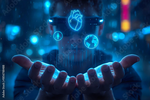 Man wearing virtual reality headset with digital interface hologram network