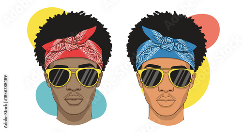 Portraits of two stylish black men with afro hairstyles wearing colorful bandanas and yellow sunglasses in a modern pop art illustration.