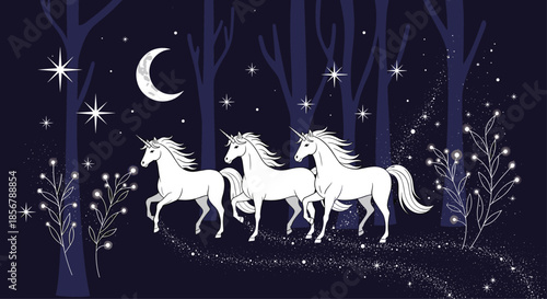Three white unicorns galloping along a magical sparkling path through a dark forest at night under a crescent moon and stars.