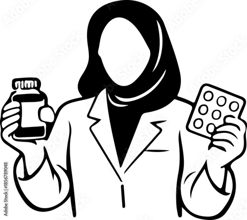 Minimalist Icon of Woman Druggist with Medicine Bottle Blister Pack