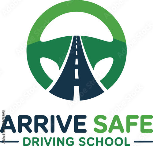 Driving school with steering wheel and road