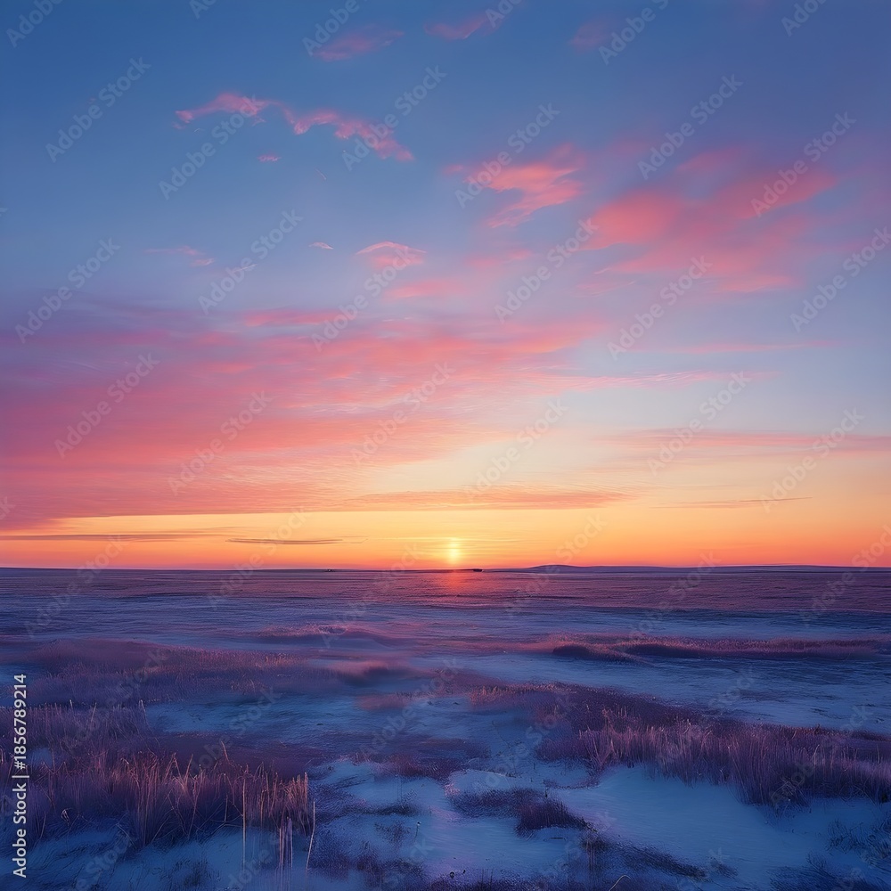 Fototapeta premium A Breathtaking And Serene Winter Sunset Over A Frozen Landscape