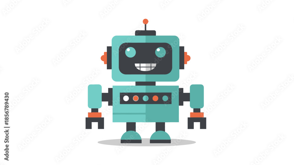 Fototapeta premium Cute Friendly Turquoise Robot Character Smiling Happily on Isolated White Background