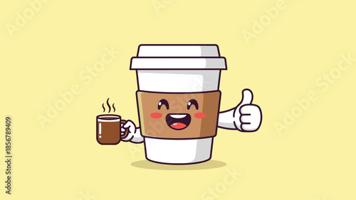Happy Cartoon Coffee Cup Character Showing Thumbs Up in Soft Yellow Background