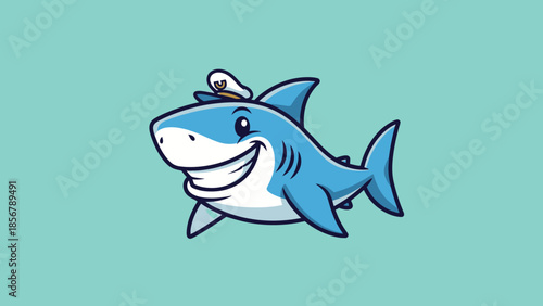Happy Cartoon Shark Character Wearing Sailor Hat Smiling Cheerful in Soft Blue Background