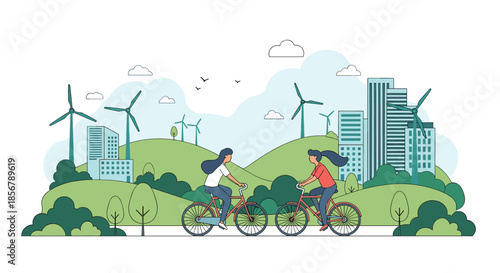 Two women enjoy a leisurely bike ride through a lush green park with a sustainable city and wind turbines in the background.