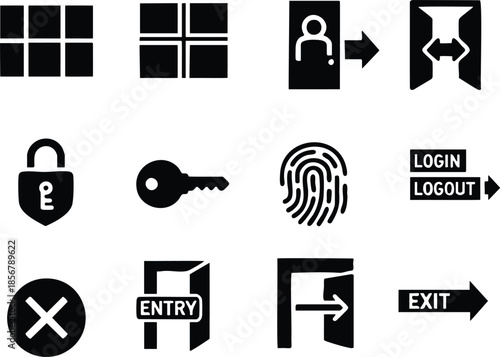 simple black and white icons, minimal silhouette shapes, user interface symbols, login logout, entry exit, key, fingerprint, cancel.eps